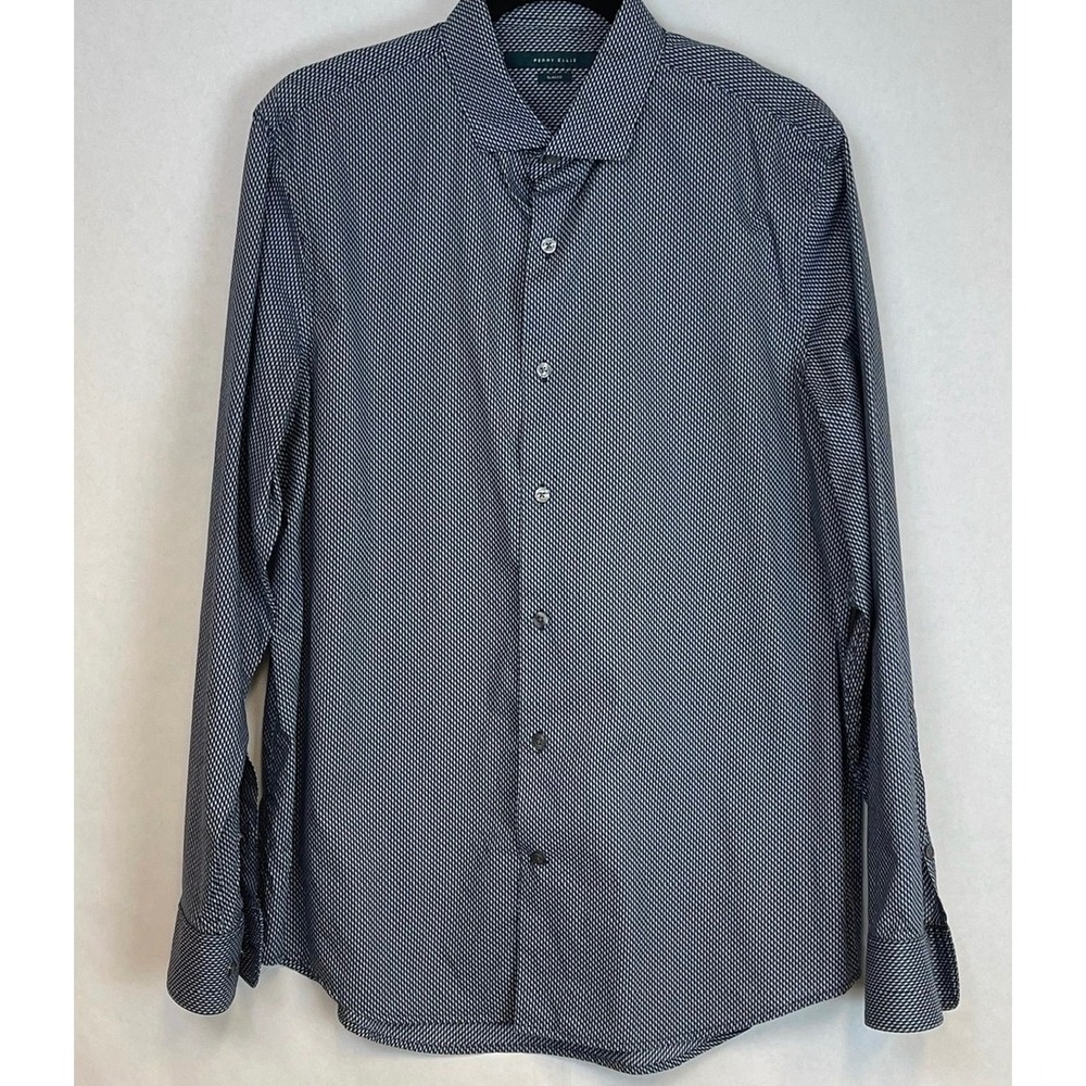 PERRY ELLIS Button Down Mens L Navy Blue White Geometric Slim Fit 100% Cotton
